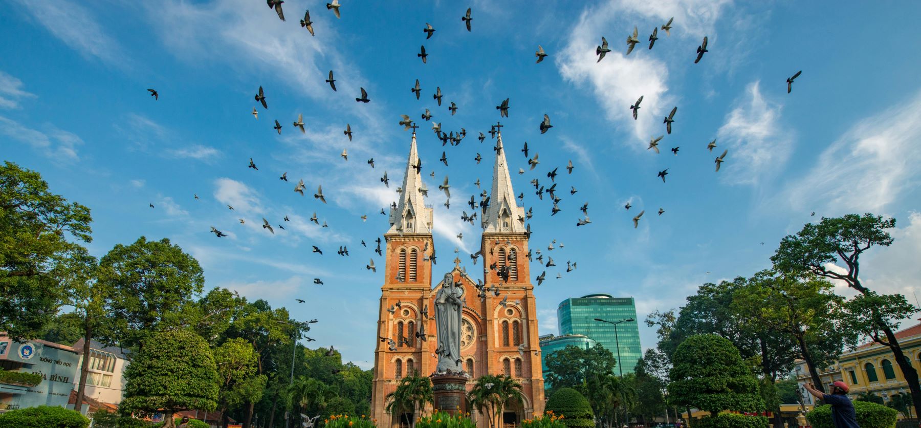 Flock of birds flying near Notre Dame Cathedral of Saigon